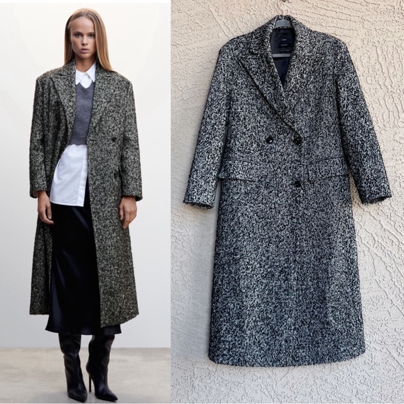 MANGO Black Marbled Textured Full Length Coat Double Breasted Wool Trench Coat S - Picture 8 of 16